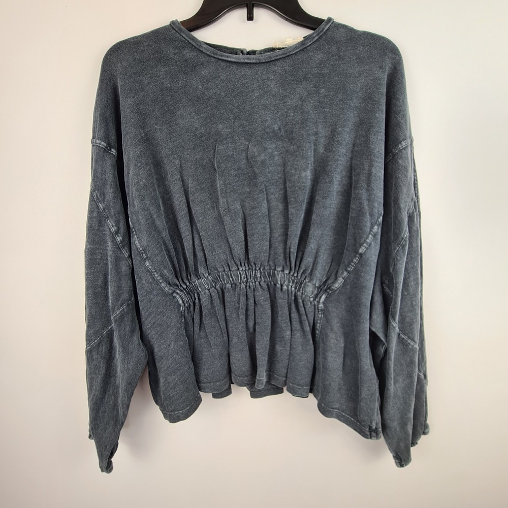 Easel Charcoal Gray Mineral Wash Smocked Waist Peplum Top Small Cotton Grunge